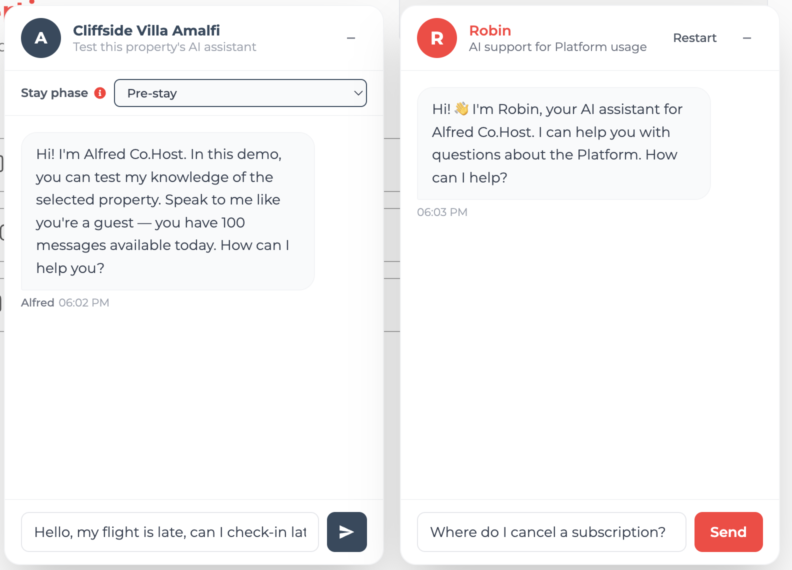 Side by side: Alfred testing a guest conversation for a property, and Robin answering a platform-support question