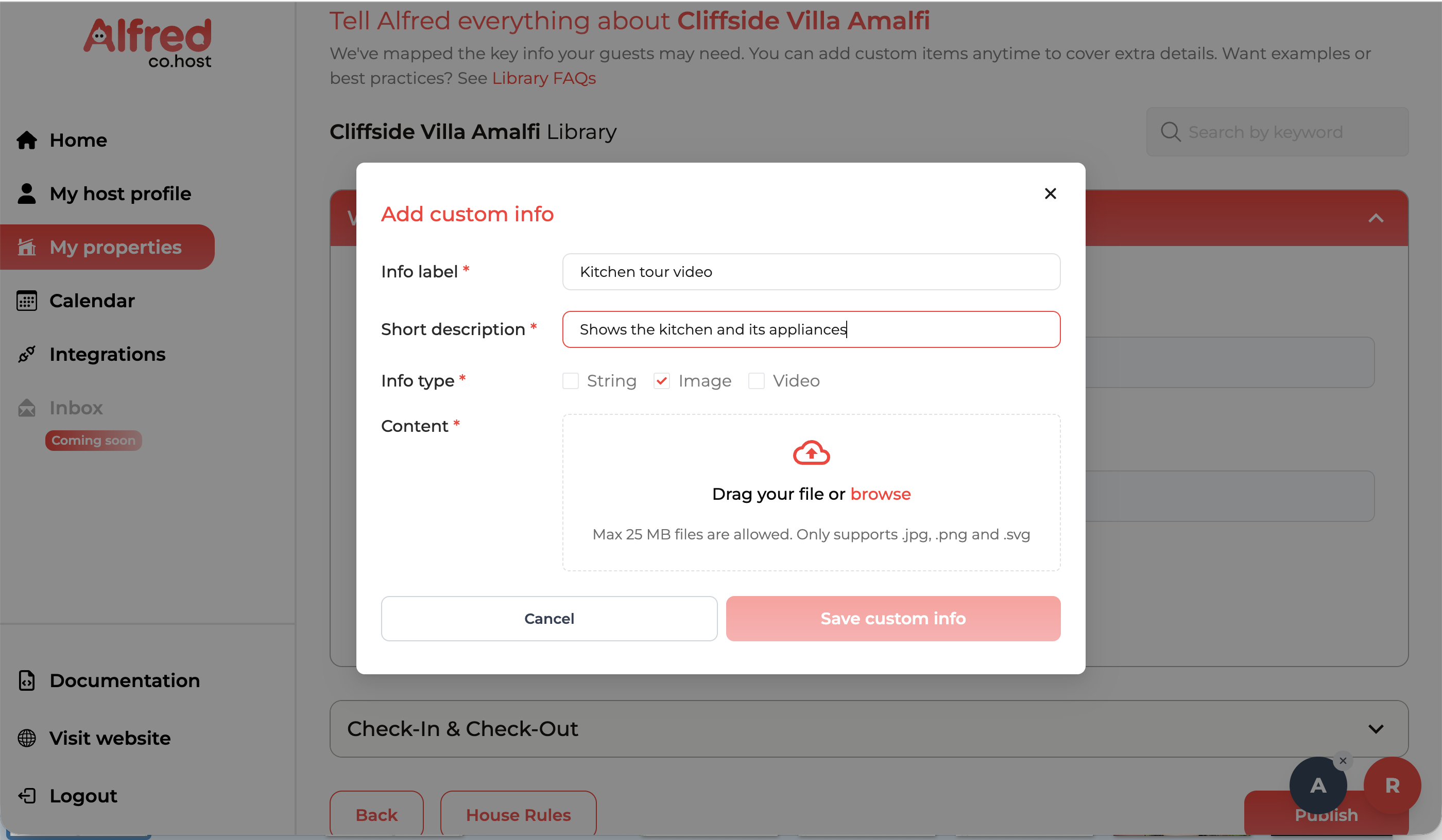 Add custom info modal: a guided closed form with label, short description, info-type toggle and a file drop zone