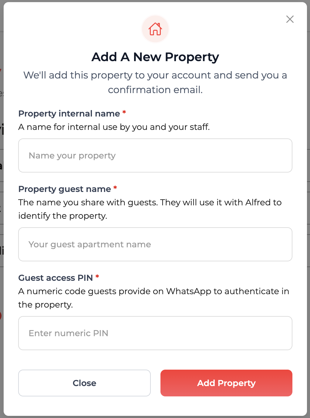 The Add A New Property modal that opens on first login: internal name, guest-facing name and a guest access PIN