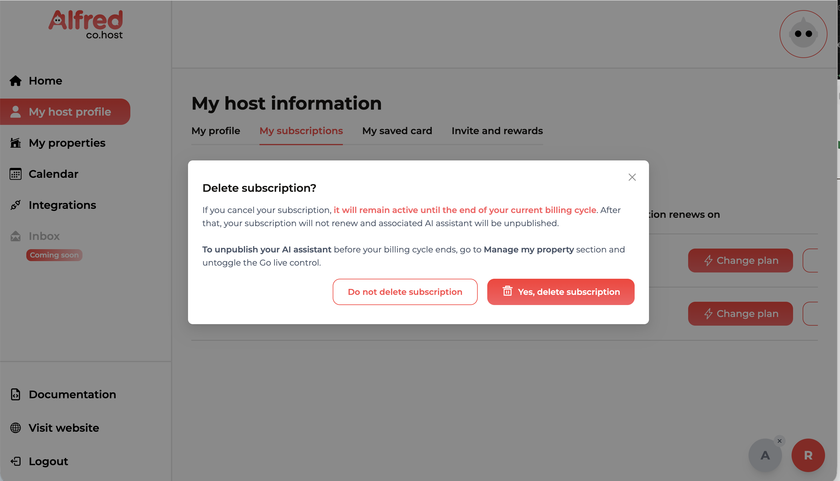 Delete subscription confirmation modal dimming the app, with the irreversible consequence highlighted in red and two weighted choices